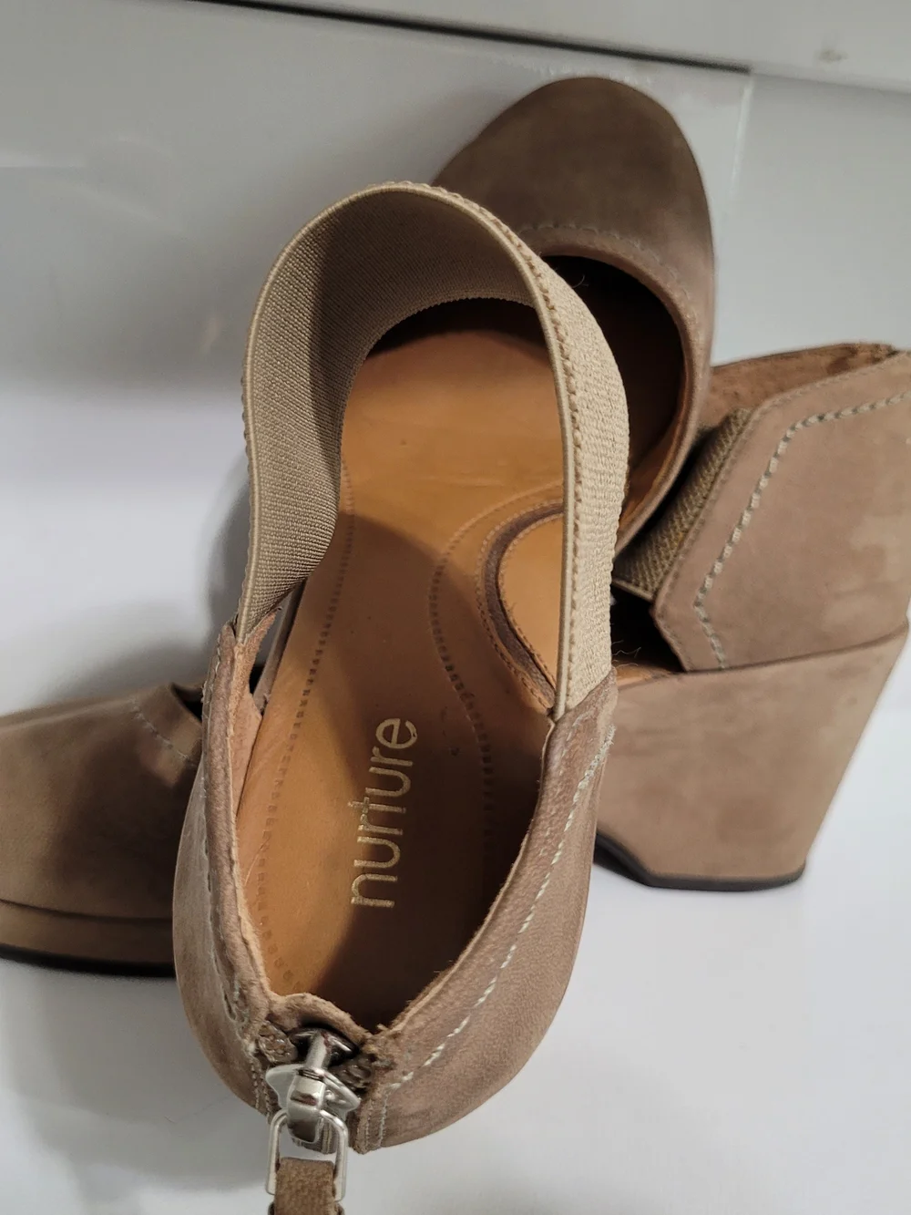 Nurture Taupe Faux Suede Wedge with Wide Elastic Ankle Strap